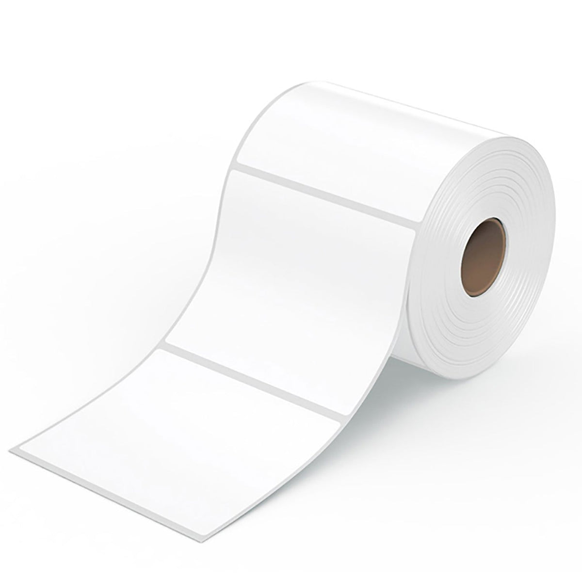 A large roll of white thermal labels with a brown core, showing several blank labels unrolled on a white background.