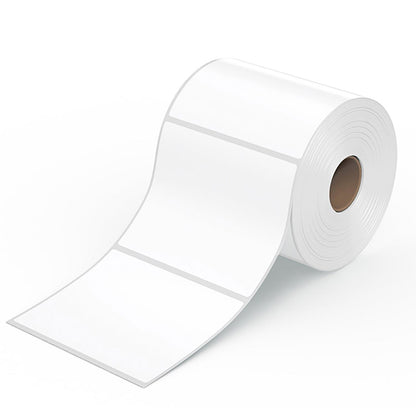 A large roll of white thermal labels with a brown core, showing several blank labels unrolled on a white background.