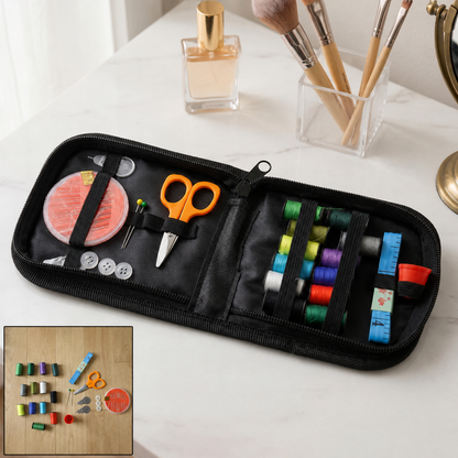 An open black zippered sewing kit displays colorful threads, orange scissors, needles, buttons, and a measuring tape on a