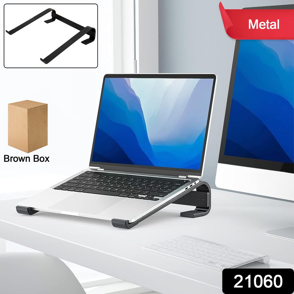 A silver laptop on a black metal stand on a white desk, with insets of the stand and a brown box.