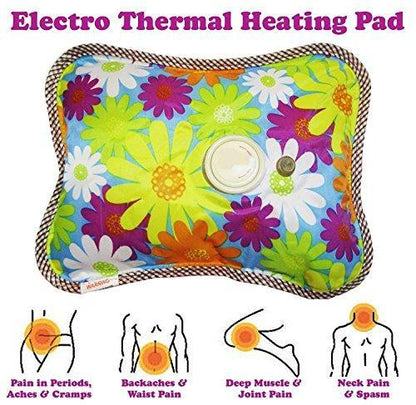 A colorful floral hot water bag with a white cap is shown with text indicating it's an "Electro Thermal Heating Pad" and