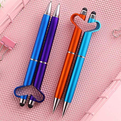 Four 3-in-1 stylus pens in blue, purple, orange, and light blue, with heart-shaped phone stands.