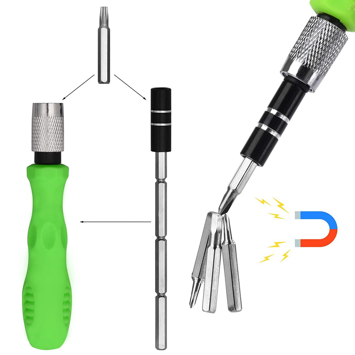 Mini screwdriver handle with an inserted bit and flexible rod in use on a small electronic device.