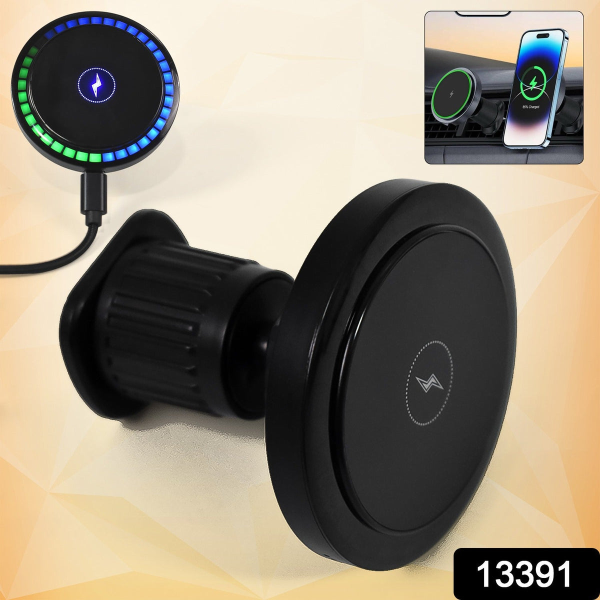 A black magnetic wireless car charger with an RGB light ring and a charging symbol, with an inset showing it in a car.