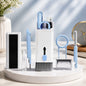 A white and light blue 7-in-1 electronic cleaning kit with various tools displayed on a white stand.