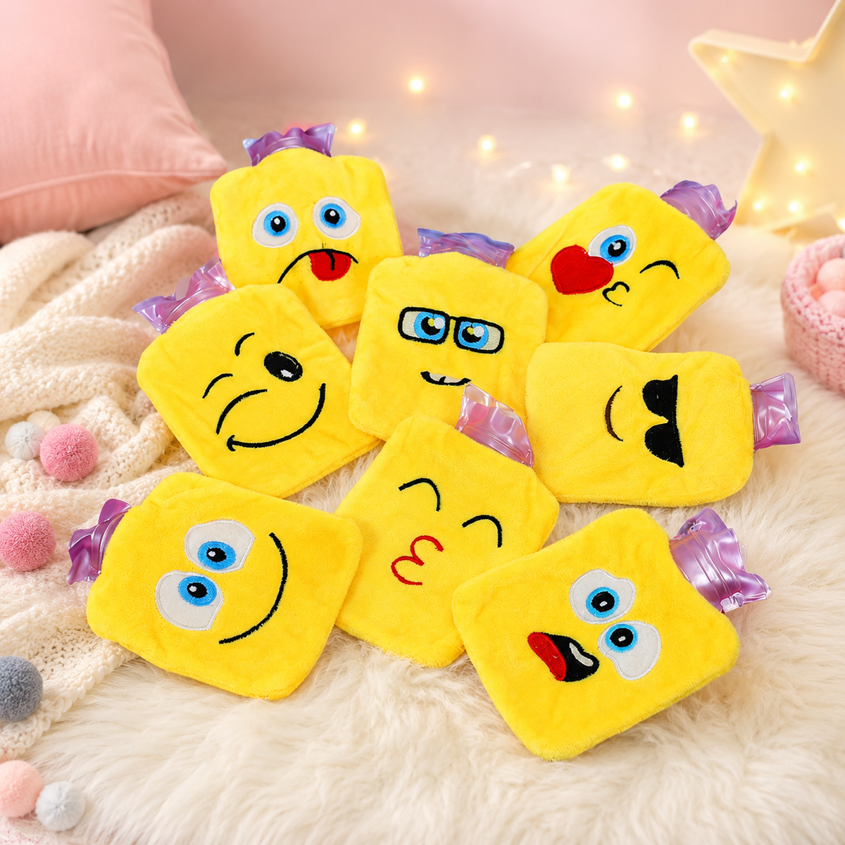 Seven yellow emoji hot water bags with various facial expressions are scattered on a white fluffy rug.