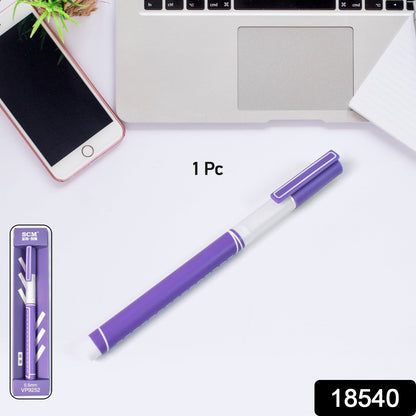 A purple gel pen with a white barrel lies on a white desk next to a phone and laptop.