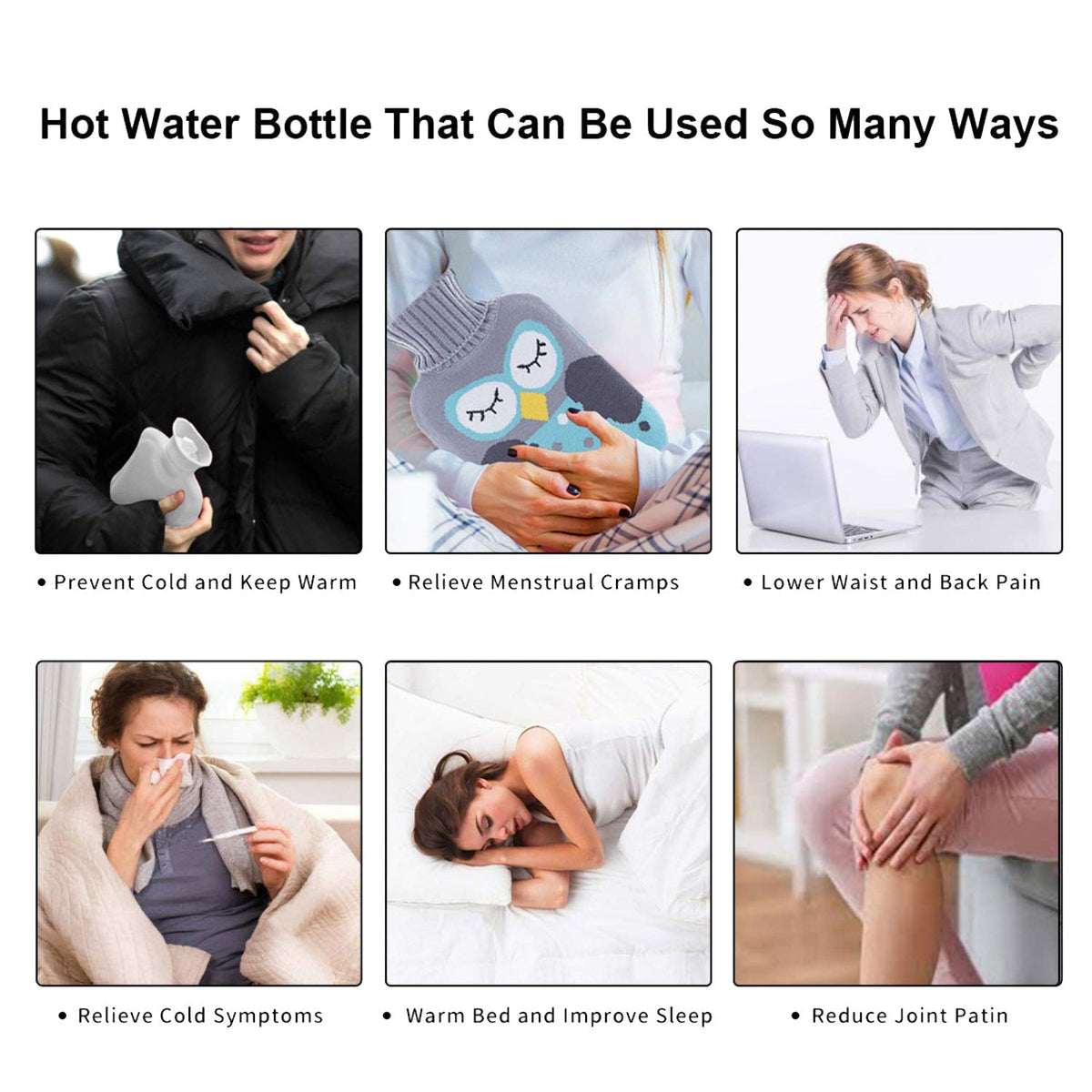 Six small images illustrate various uses for a hot water bottle, including pain relief and warmth.