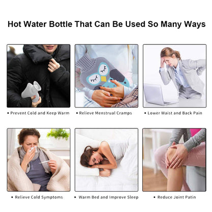 Six small images illustrate various uses for a hot water bottle, including pain relief and warmth.