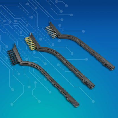 Three mini wire brushes with black handles and various bristle types, arranged on a blue background with a circuit board