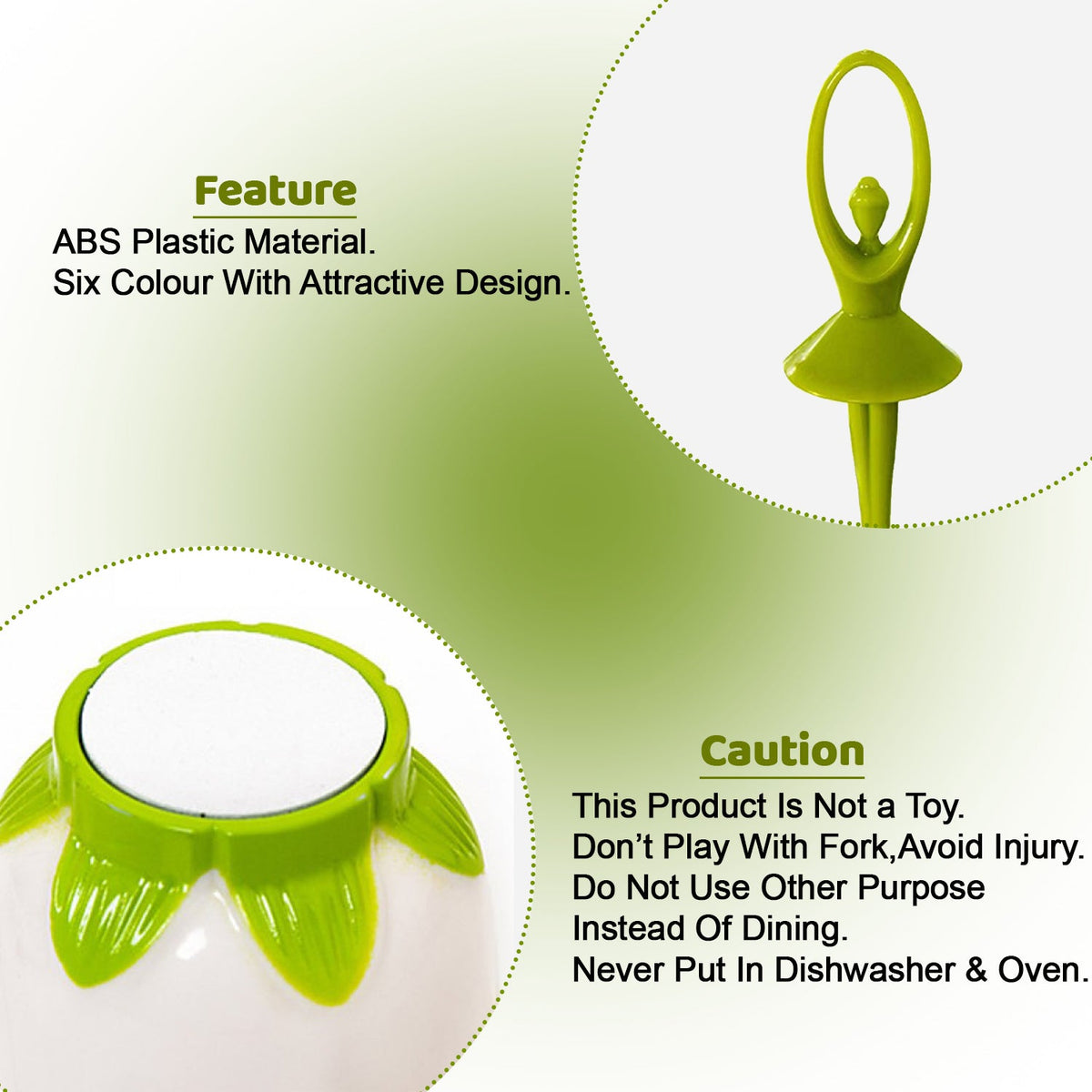 A close-up of a green dancing doll fruit fork and the base of the white flower-shaped stand with green accents.