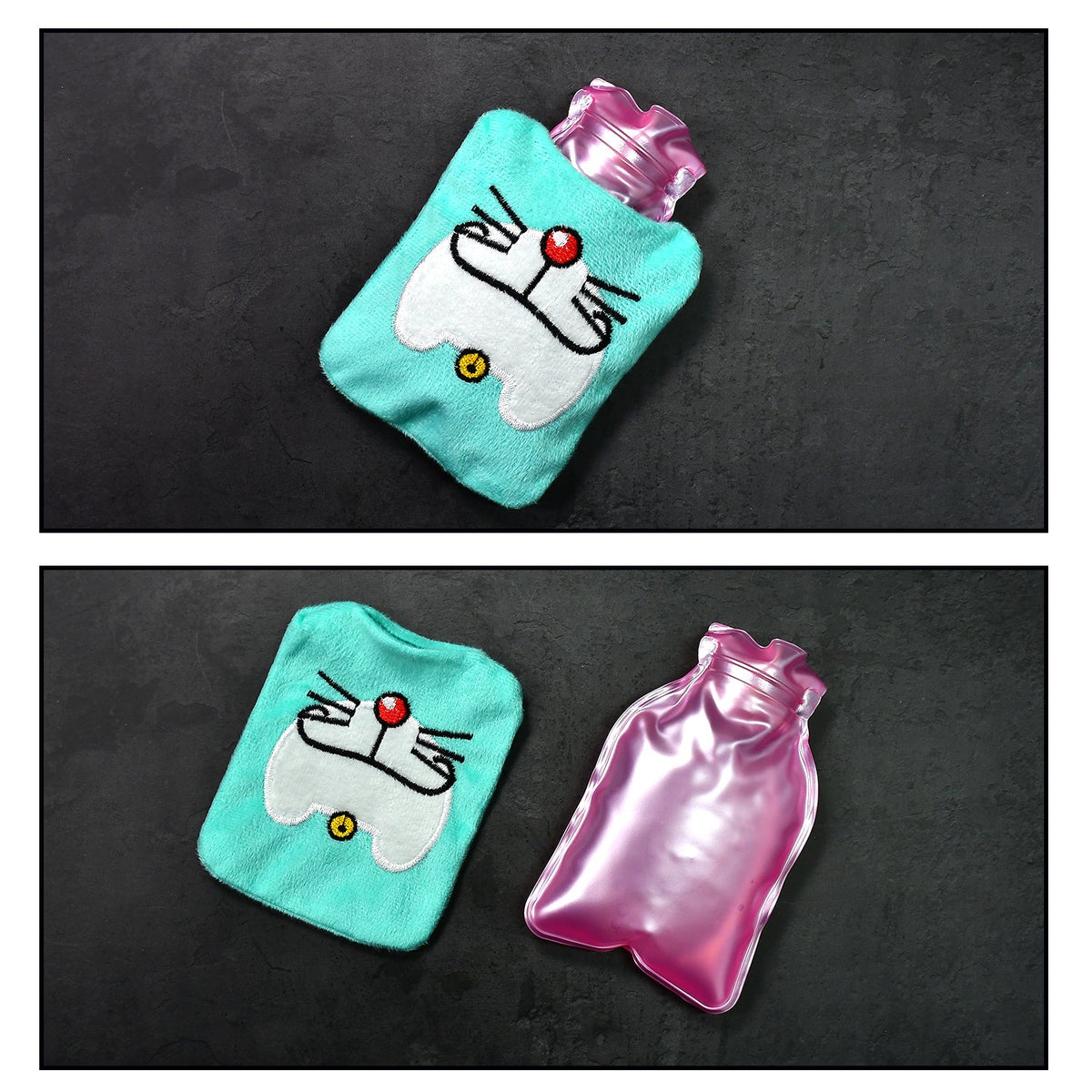 Two views of the hot water bag: one assembled, one with the light blue cover and pink bottle separated on a dark surface.