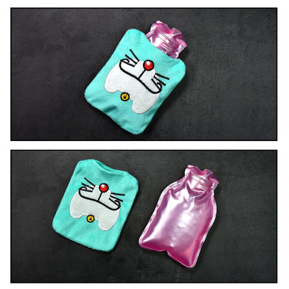 Two views of the hot water bag: one assembled, one with the light blue cover and pink bottle separated on a dark surface.