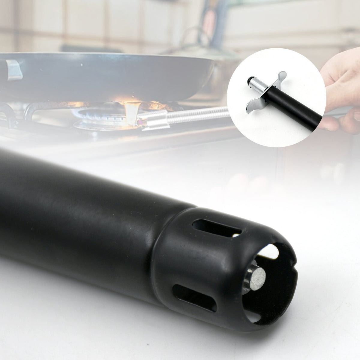 Close-up of the black gas lighter's end with ventilation slots, showing the igniter mechanism inside.