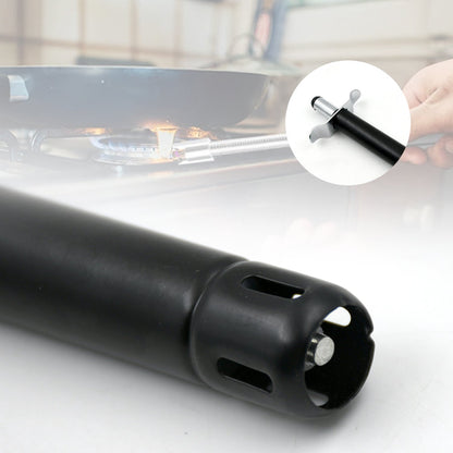 Close-up of the black gas lighter's end with ventilation slots, showing the igniter mechanism inside.