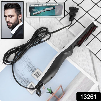 A black electric hair and beard straightening comb with a cord and plug is displayed on a patterned surface, with a man's