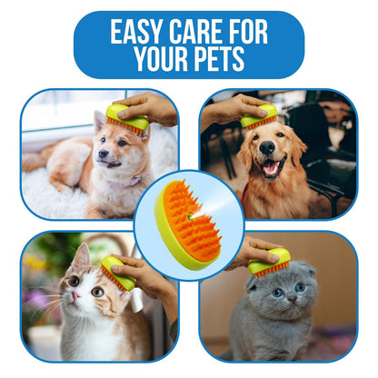 A lime green and orange pet brush is central, surrounded by images of it being used on a dog and two cats.