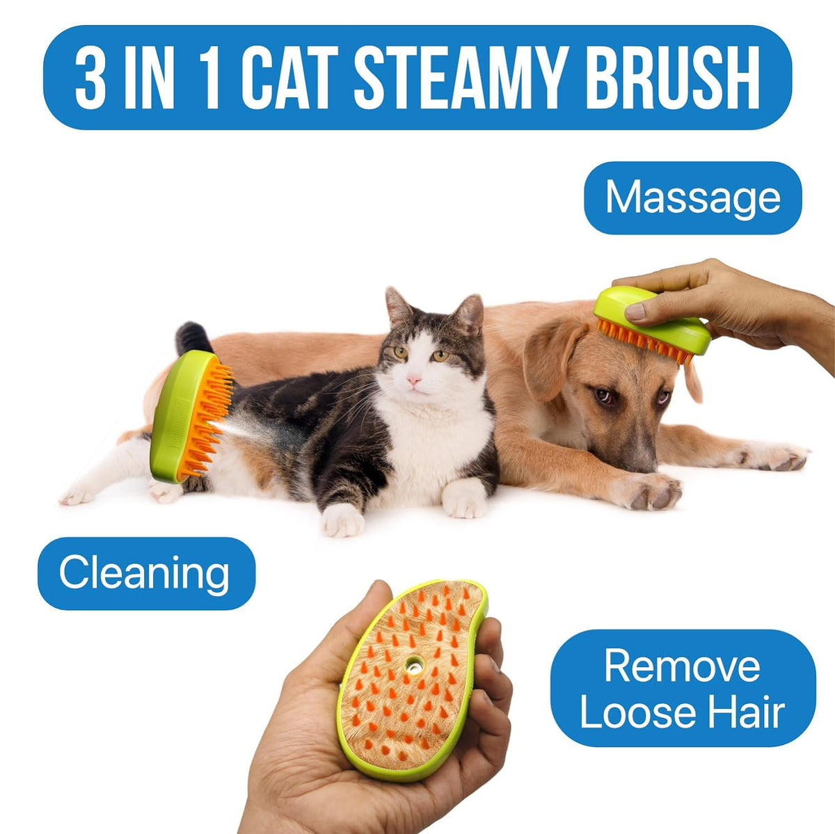 A person brushes a cat and dog with a lime green and orange brush, while another hand holds the brush.