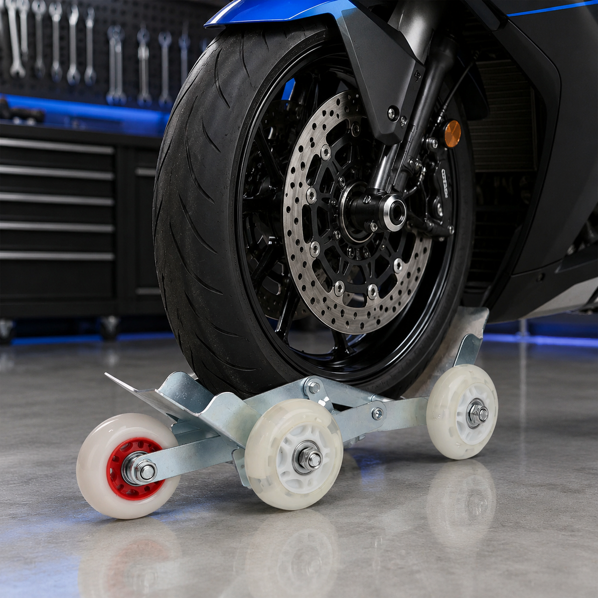 A motorcycle front wheel is resting on a silver metal roller stand with four white wheels, in a garage setting.