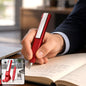 A person's hand holds a red multi-function pen with a screwdriver bit, writing in a notebook. A smaller inset shows the pen,