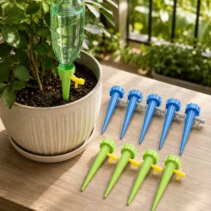 A green watering spike with a clear bottle inserted into a potted plant, with five blue and four green spikes on a wooden