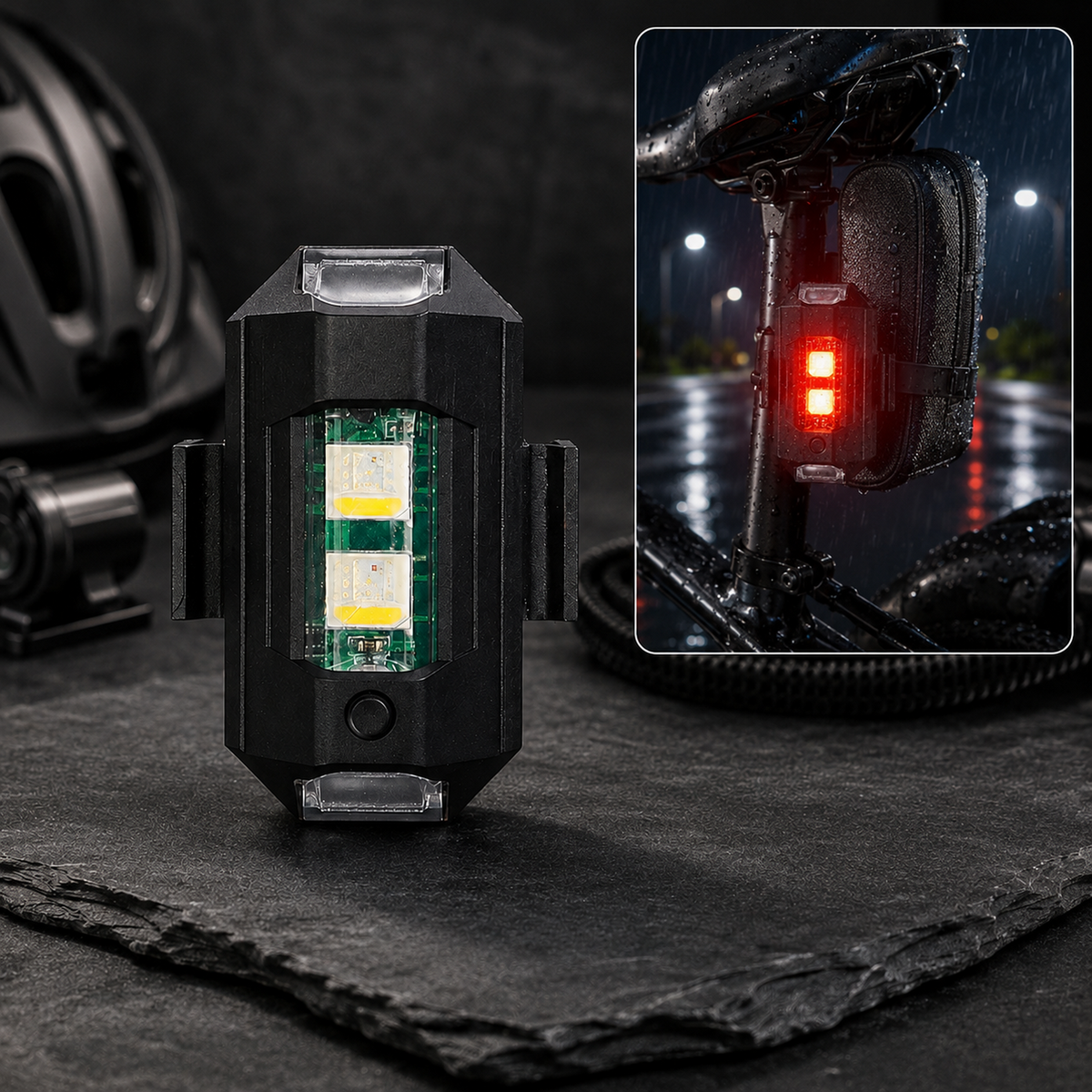 Black LED strobe light with two bright white lights, next to a blurred image of a red light on a bike.