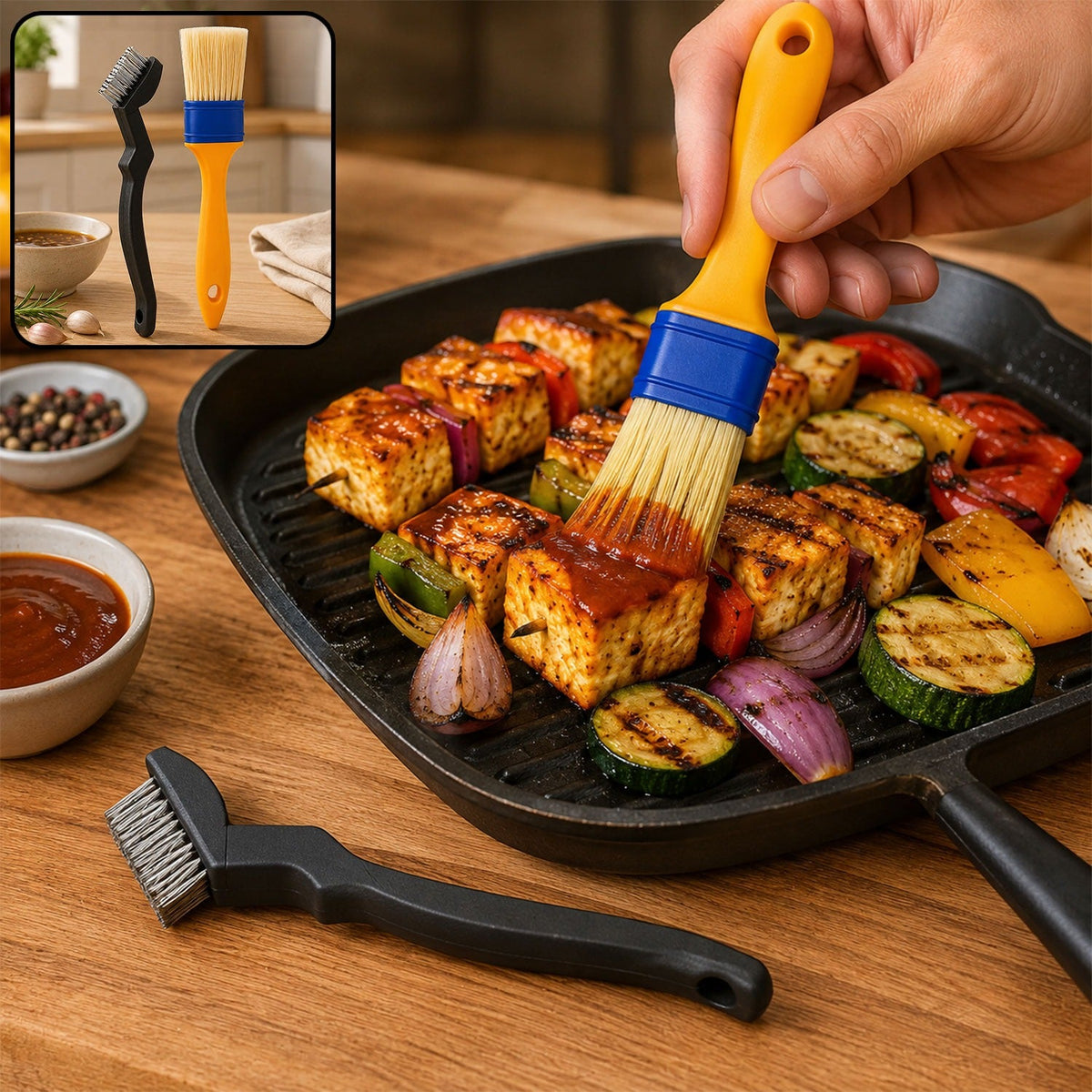 A hand basting grilled paneer and vegetables on a cast iron pan with a yellow and blue brush, a black grill brush lies on
