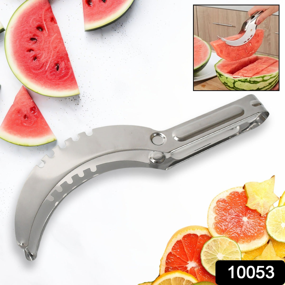 A stainless steel watermelon slicer lies on a white surface next to watermelon slices and other citrus fruits.