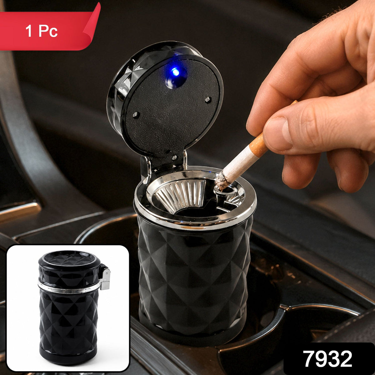 A hand places a lit cigarette into a black car cup holder ashtray with a blue LED light, with a red "1 Pc" label.