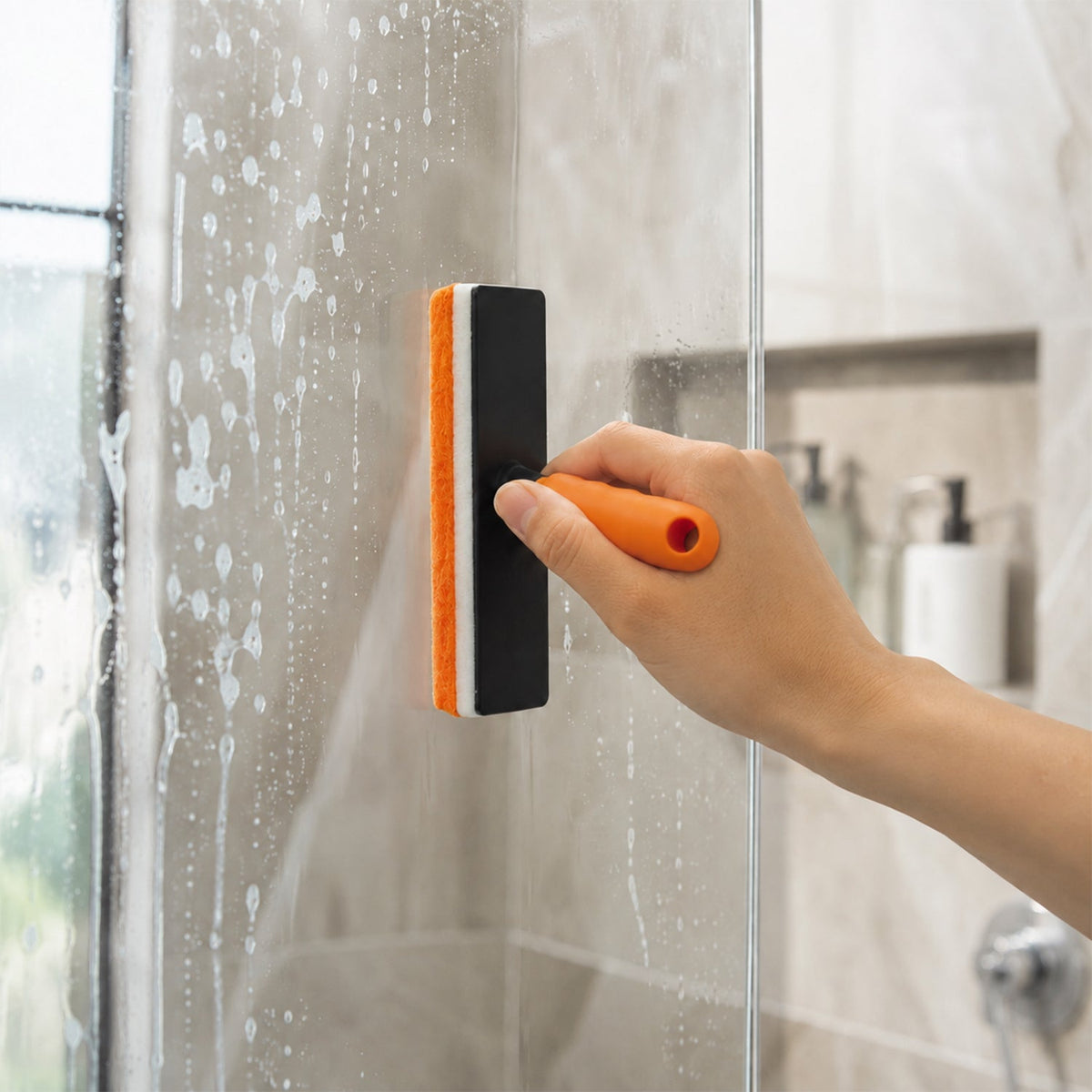 A hand holds a black scrubber with an orange pad, cleaning a soapy glass shower door.