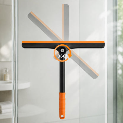 A black and orange squeegee on a glass surface, with an arrow indicating its 360-degree rotating head.