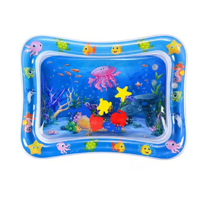 A blue inflatable water mat with a clear top, showcasing various colorful floating sea animals inside.