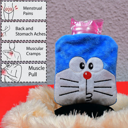 Blue Doraemon plush hot water bag with a pink stopper, with text describing its uses for pain relief.