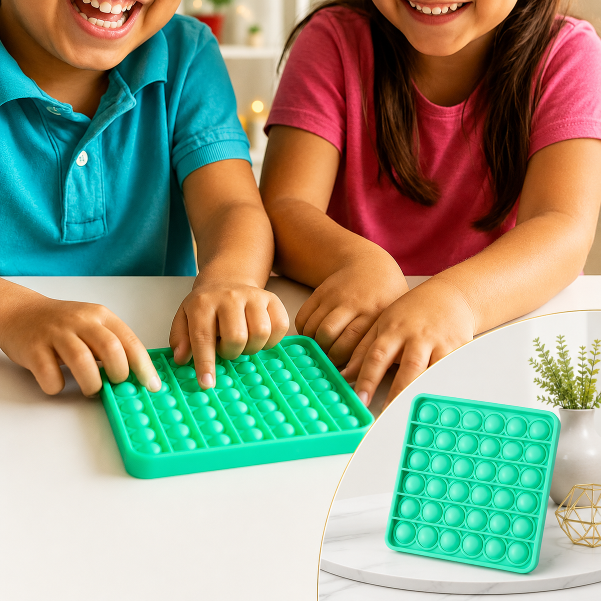 Two children happily playing with a square green silicone pop-it fidget toy on a white table.