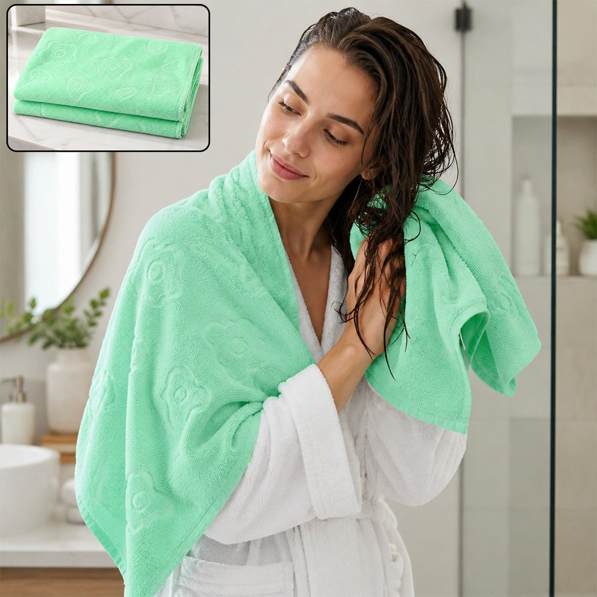 A woman in a white robe drying her wet hair with a light green towel, with a folded towel inset.