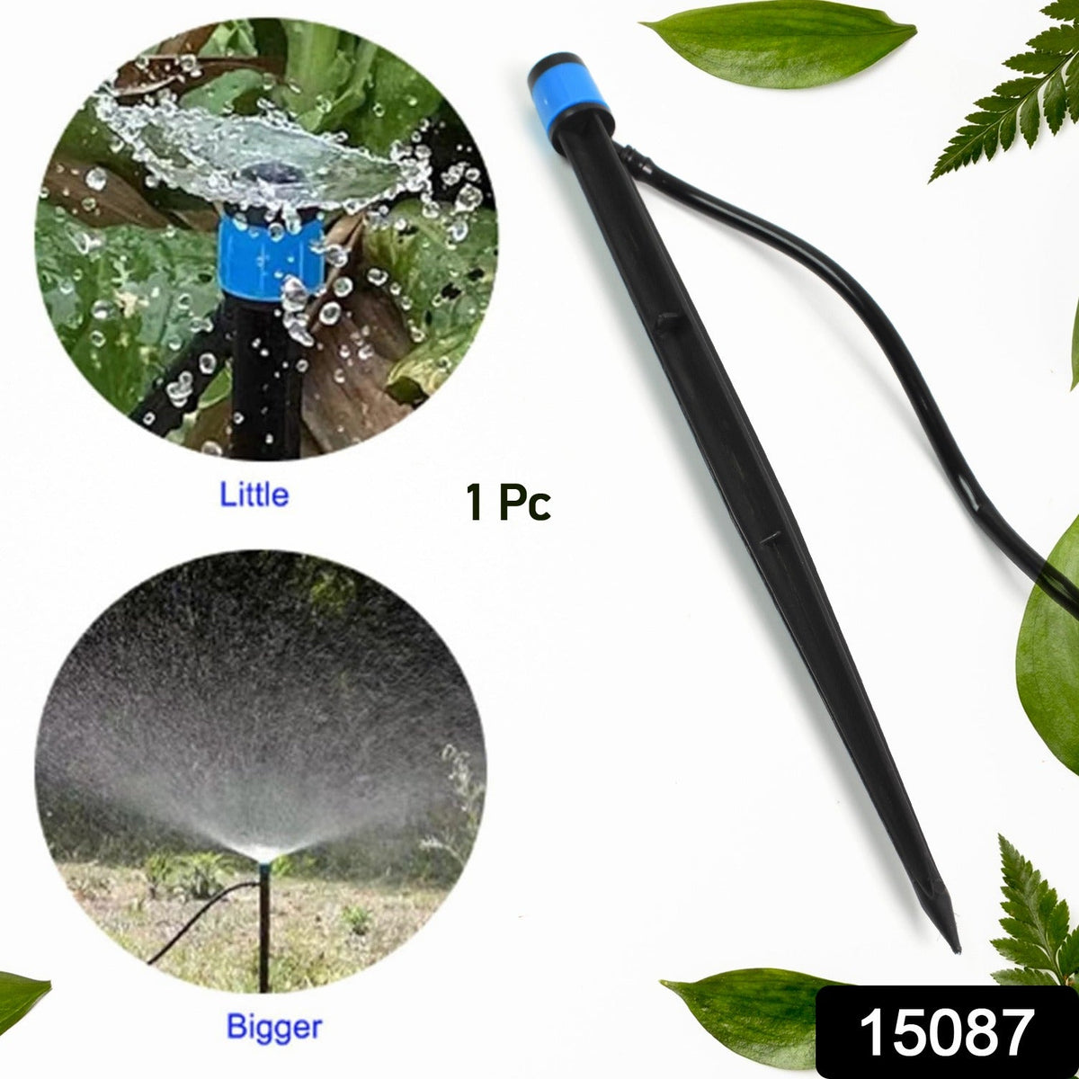 A black and blue water dripper with a thin black hose, surrounded by green leaves, with two circular insets showing water