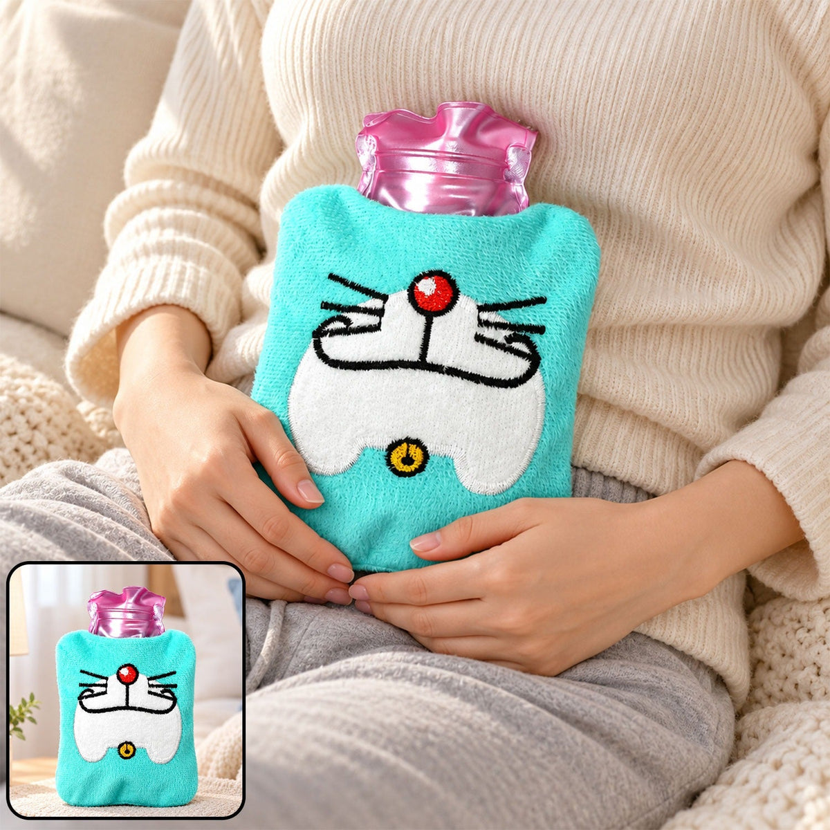A person holds a light blue hot water bag with a Doraemon face design on their stomach, with an inset showing the product.