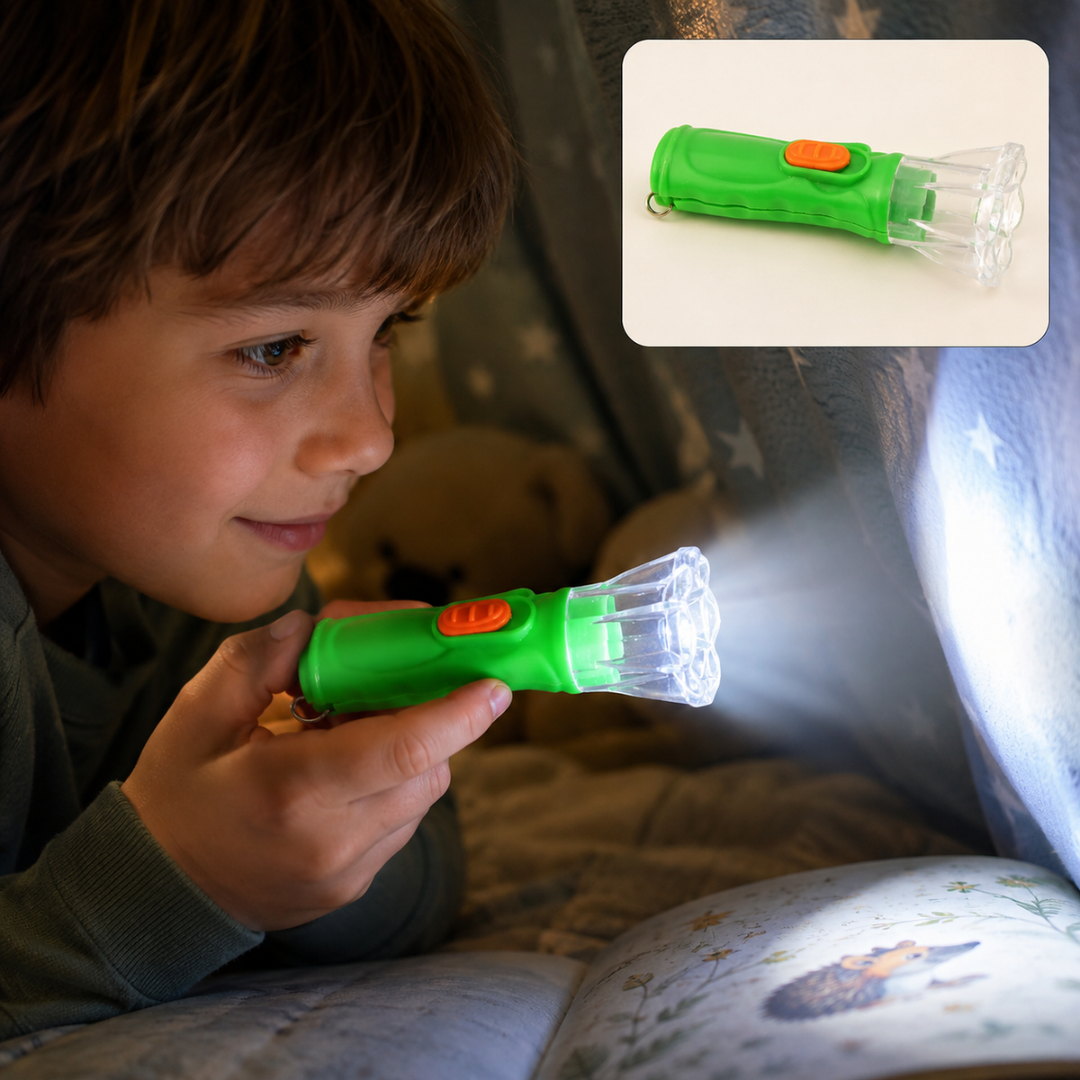 A young boy in a tent reads a book by the light of a green and orange plastic flashlight.