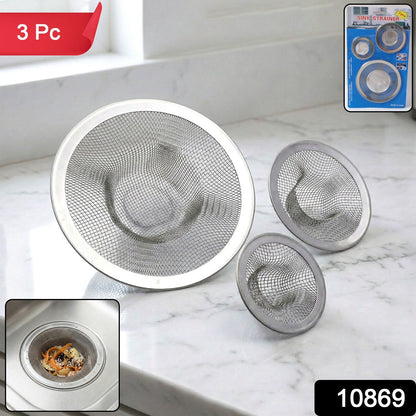Three stainless steel mesh sink strainers on a white marble countertop with product packaging in the top right.