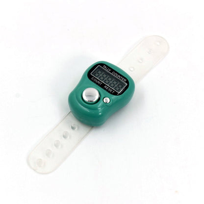 A green digital tally counter with a clear plastic wrist strap is displayed on a white background.