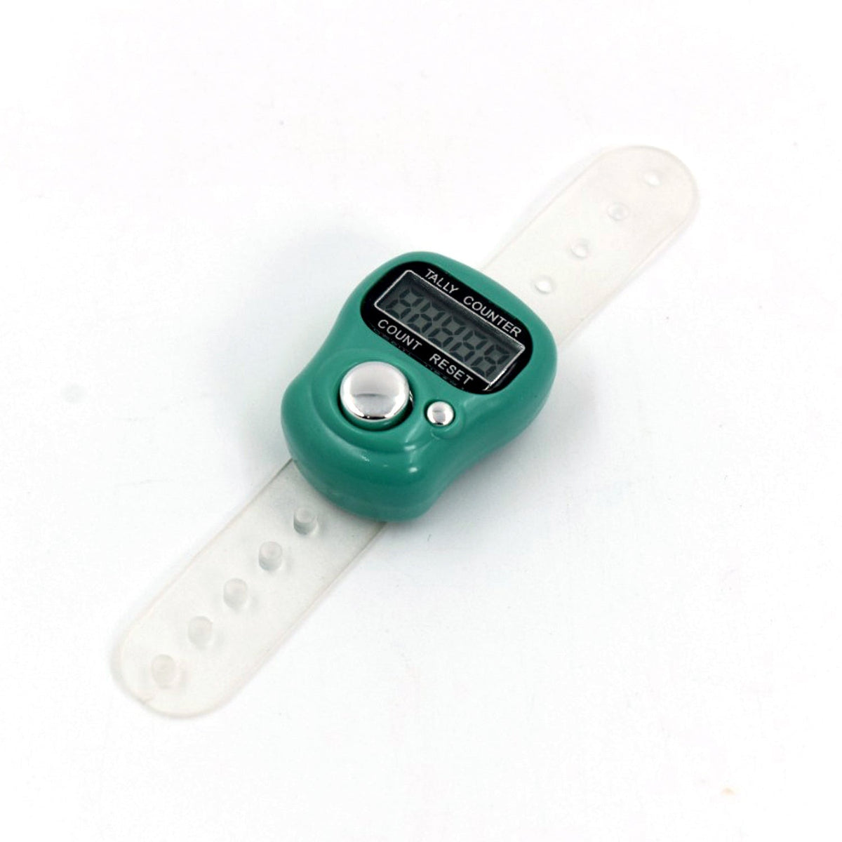 A green digital tally counter with a clear plastic wrist strap is displayed on a white background.