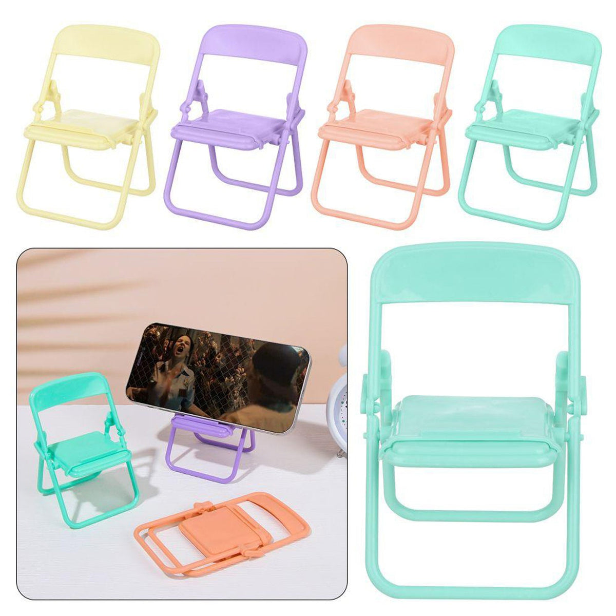 Four miniature foldable chairs in pastel yellow, purple, peach, and teal, with a phone resting on a purple stand. – view 9