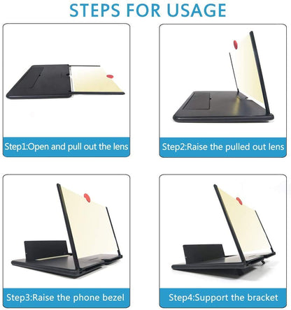Four steps for using the mobile phone screen magnifier are illustrated with black and white diagrams on a white background.
