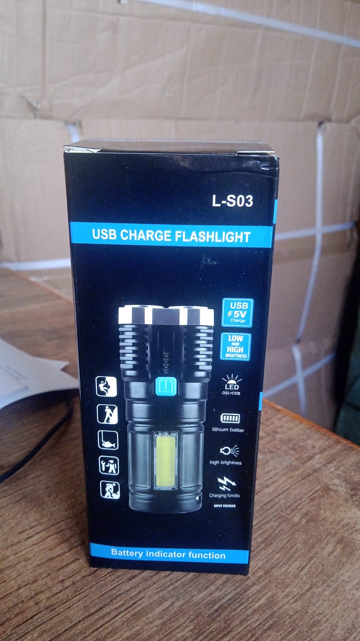 Black product box for a USB charge flashlight, model L-S03, with features listed and an image of the flashlight.