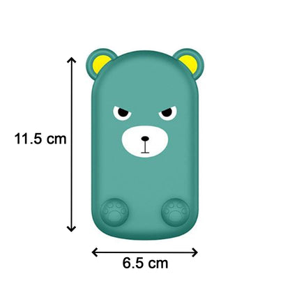 A green cartoon bear phone stand with angry eyebrows shows dimensions of 11.5 cm height and 6.5 cm width.