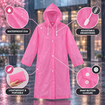 A pink translucent rain coat with a hood and white snap buttons is highlighted with features like waterproof EVA, adjustable