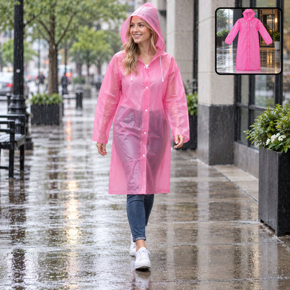 A woman in a pink translucent rain coat walks on a wet city sidewalk, with an inset of the coat alone. – view 8