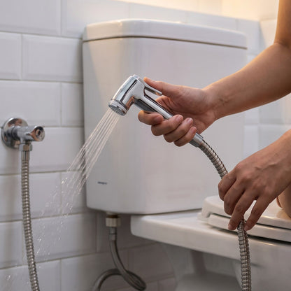 A hand holds a chrome bidet sprayer, spraying water next to a white toilet with a connected hose.