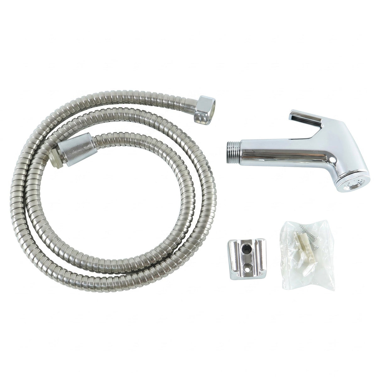 A coiled stainless steel hose, chrome bidet sprayer, wall mount, and screws are displayed on a white background.