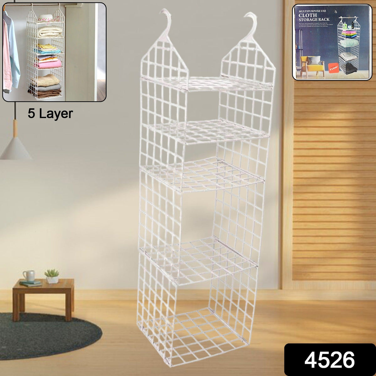 White 5-layer plastic hanging closet organizer with an inset showing it filled with clothes.